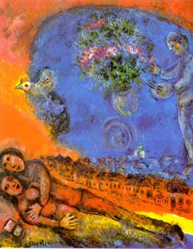 マルク・シャガール Painting - 赤い背景のカップル現代マルク シャガール